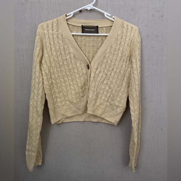Reformation Cardigan Sweater Womens butter Yellow Annabell Cropped Knit Linen XS - Picture 4 of 11
